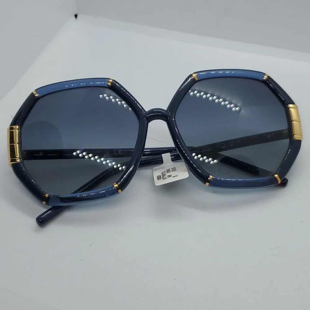 Tory Burch Blue Hexagonal Sunglasses with Gold Accents